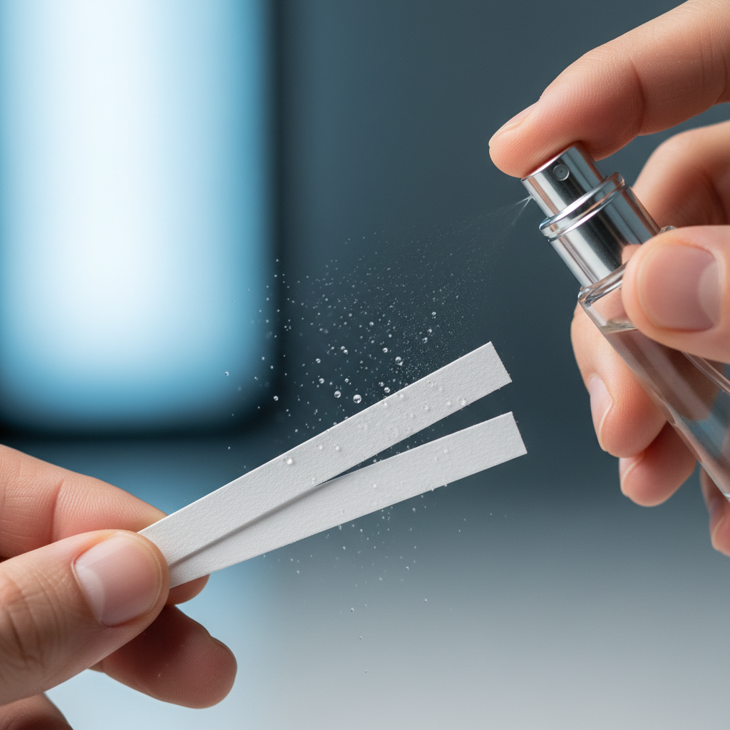 Close-up of testing perfume on blotter strips for choosing a fragrance online at home