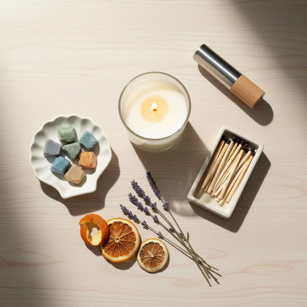 Top-down flat lay of candle, colorful wax melts, botanicals, ceramic matchbox, and car diffuser for pairing kit