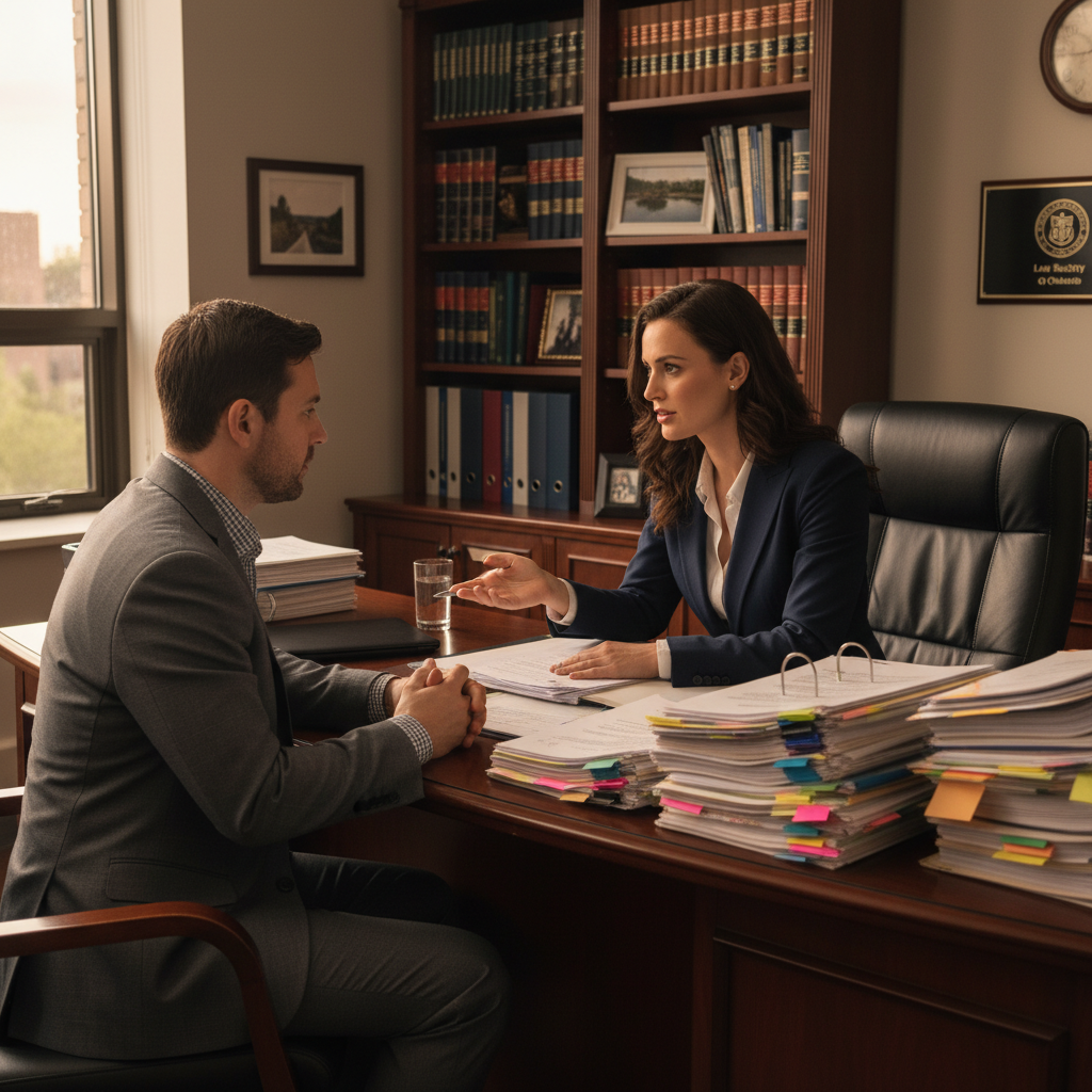 Family lawyer in Ontario consulting with a client while reviewing divorce financial disclosure documents in a private office