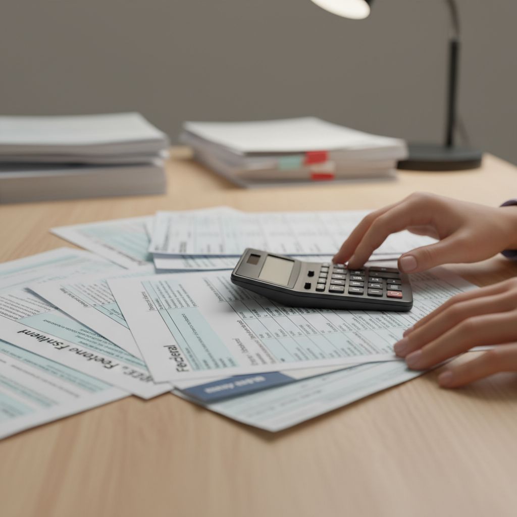 Close-up of organized divorce financial disclosure documents in Ontario, including tax returns, bank statements, pay stubs, and a calculator