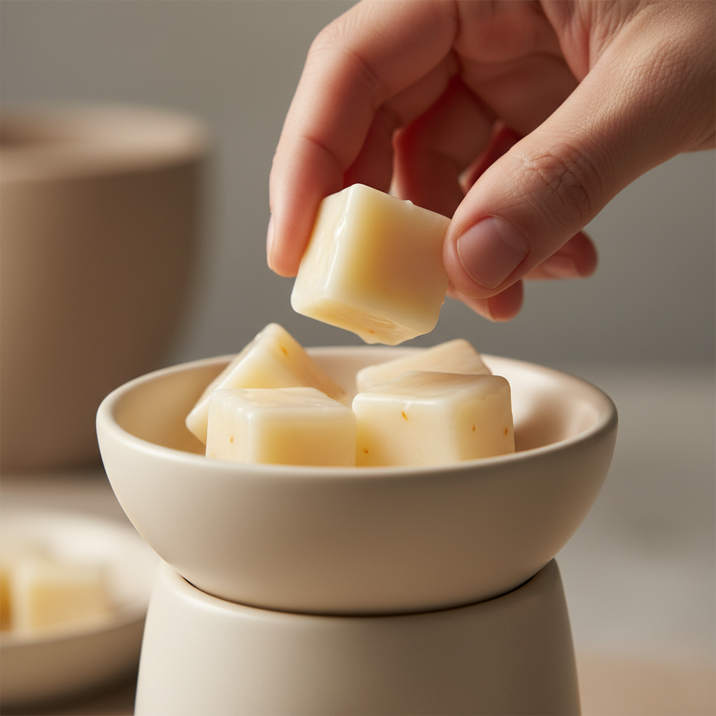 Close-up placing soy coconut apricot wax melt cubes into ceramic warmer for candle and wax melt pairing ideas