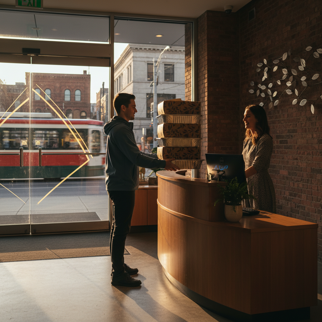 Eco-friendly catering delivery to Old Toronto office lobby with labeled trays and boxes