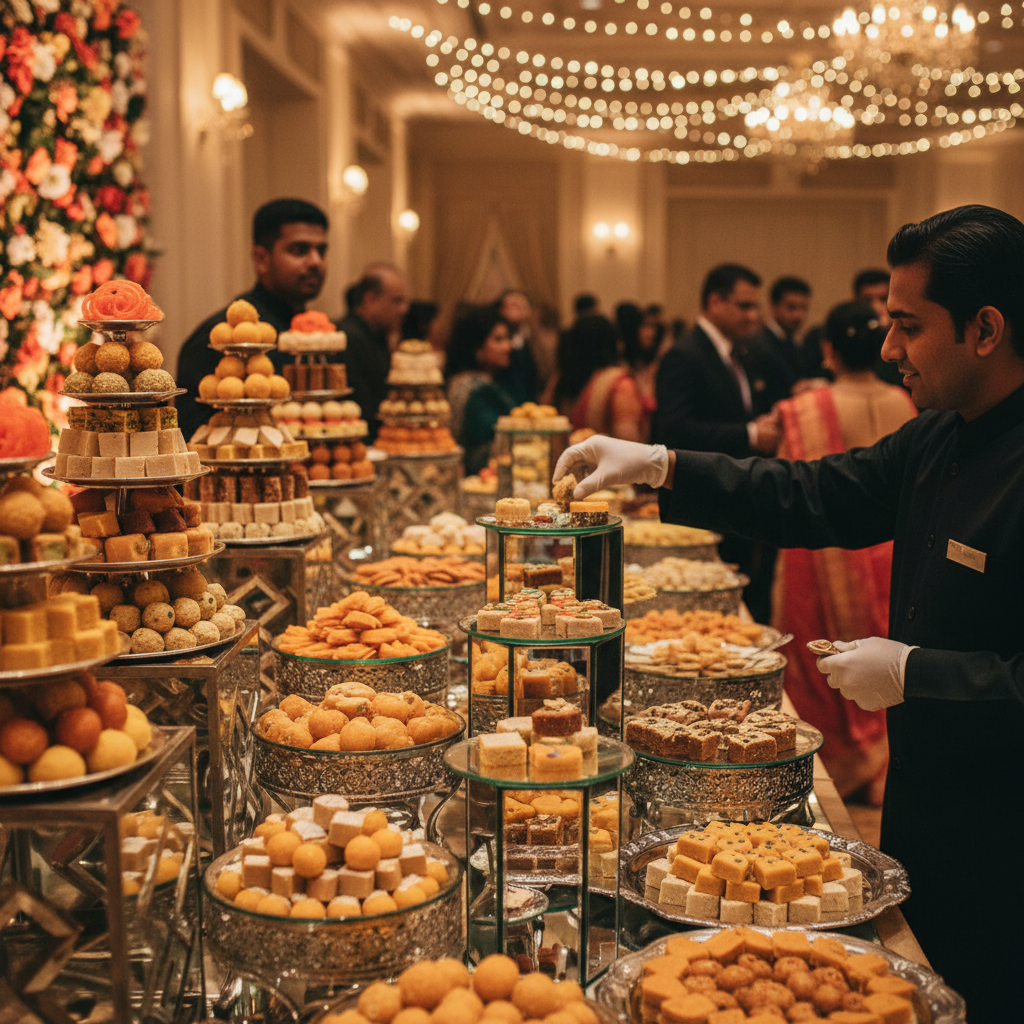 Wedding dessert table in Brampton with colorful mithai towers, mirrored stands, and a server arranging custom sweets