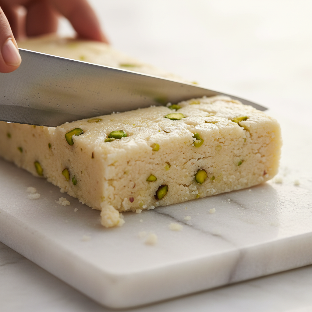 Macro close-up of pistachio-studded barfi being cut, showcasing desi ghee sheen and fine crumb texture for custom celebration sweets