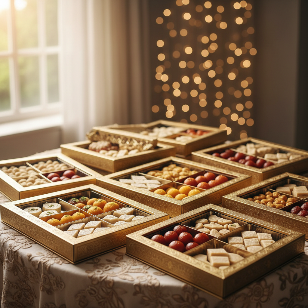 Elegant assortment of custom celebration sweets in gold-trimmed gift boxes for weddings and festivals