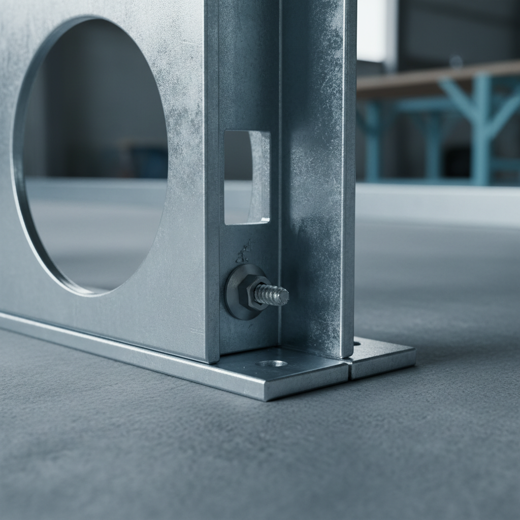Close-up of a galvanized light gauge steel stud in a standard track with screw connection, showing flange, web punch-outs, and return lips for interior framing
