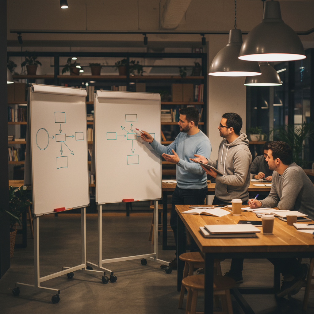 Small study group in a coworking space reviewing process flows on blank whiteboards to plan a business analysis certification path