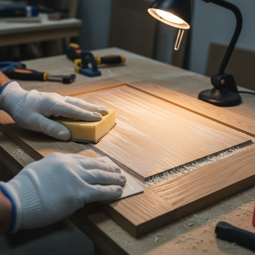 Detail of sanding and grain-filling when updating oak cabinets for a smooth painted finish