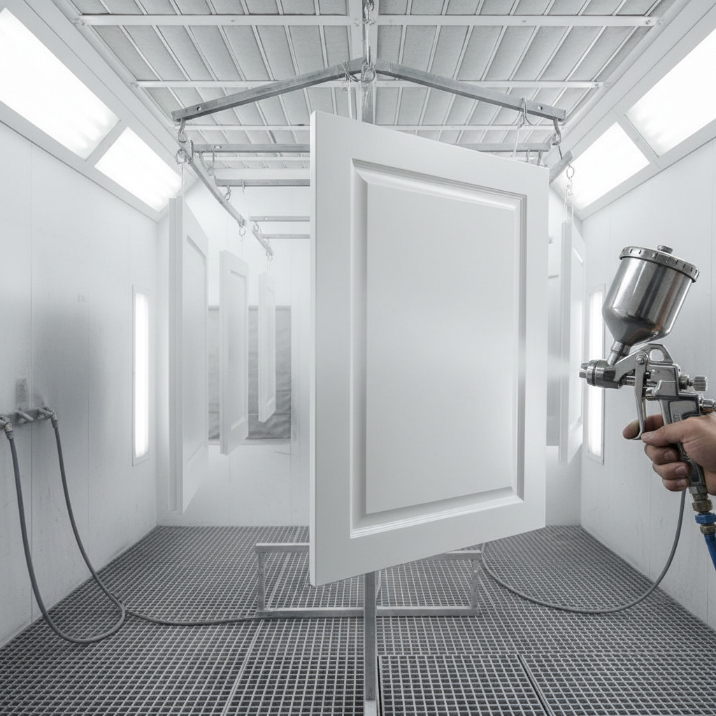 Professional spray booth setup for updating oak cabinets with HVLP sprayer and drying racks
