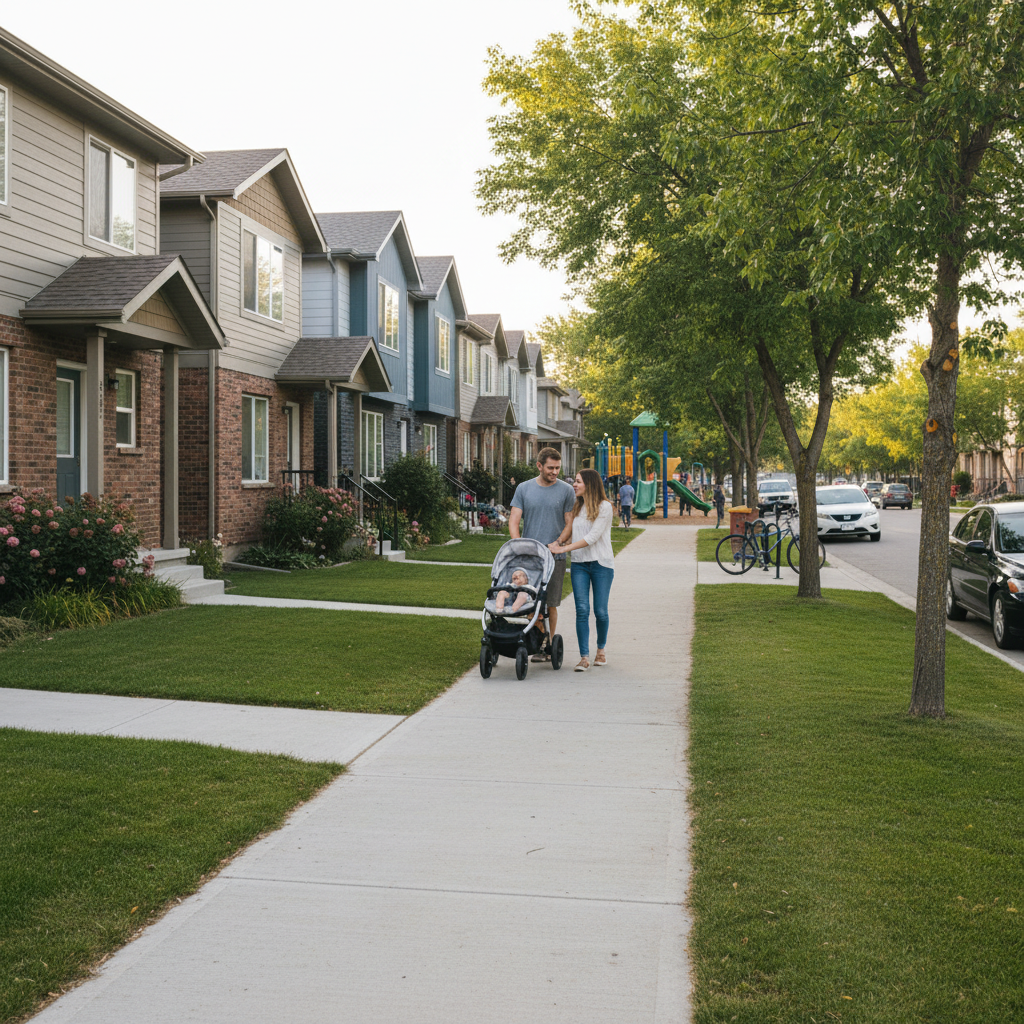 Street-level view of a family-friendly Summerside-style Edmonton neighborhood with sidewalks and townhouses, illustrating lifestyle near Lake Summerside
