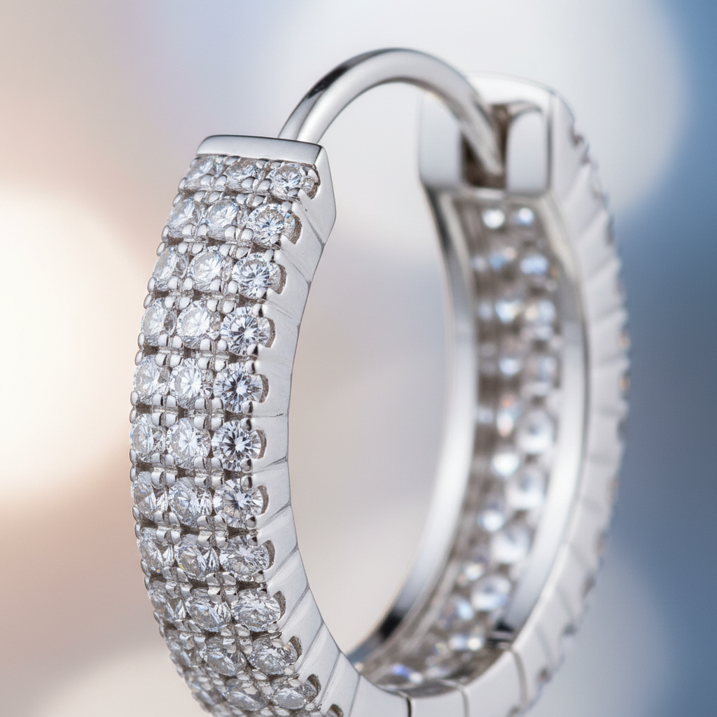 Macro close-up of pavé diamond hoop earring hinge clasp detail showing secure mechanism and precise prongs