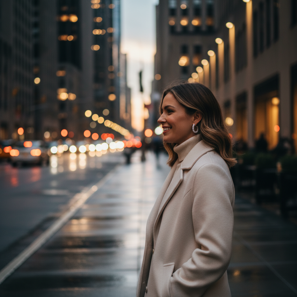 Lifestyle photo of woman wearing medium diamond hoop earrings near Rockefeller Center in New York, evening bokeh lights behind her