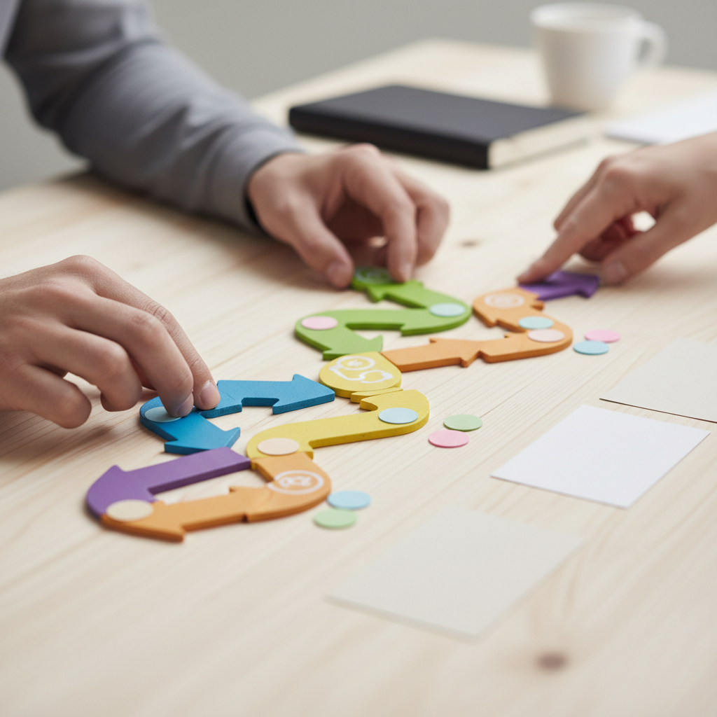 Close-up of a colorful certification roadmap with arrows and icons representing the business analysis certification path