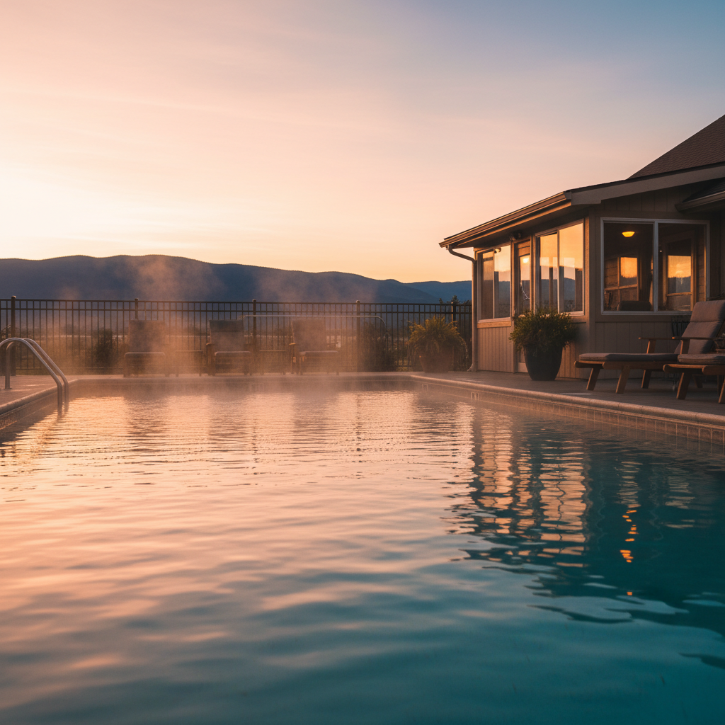North Conway motel outdoor heated pool at sunset, ideal for relaxing after White Mountains adventures