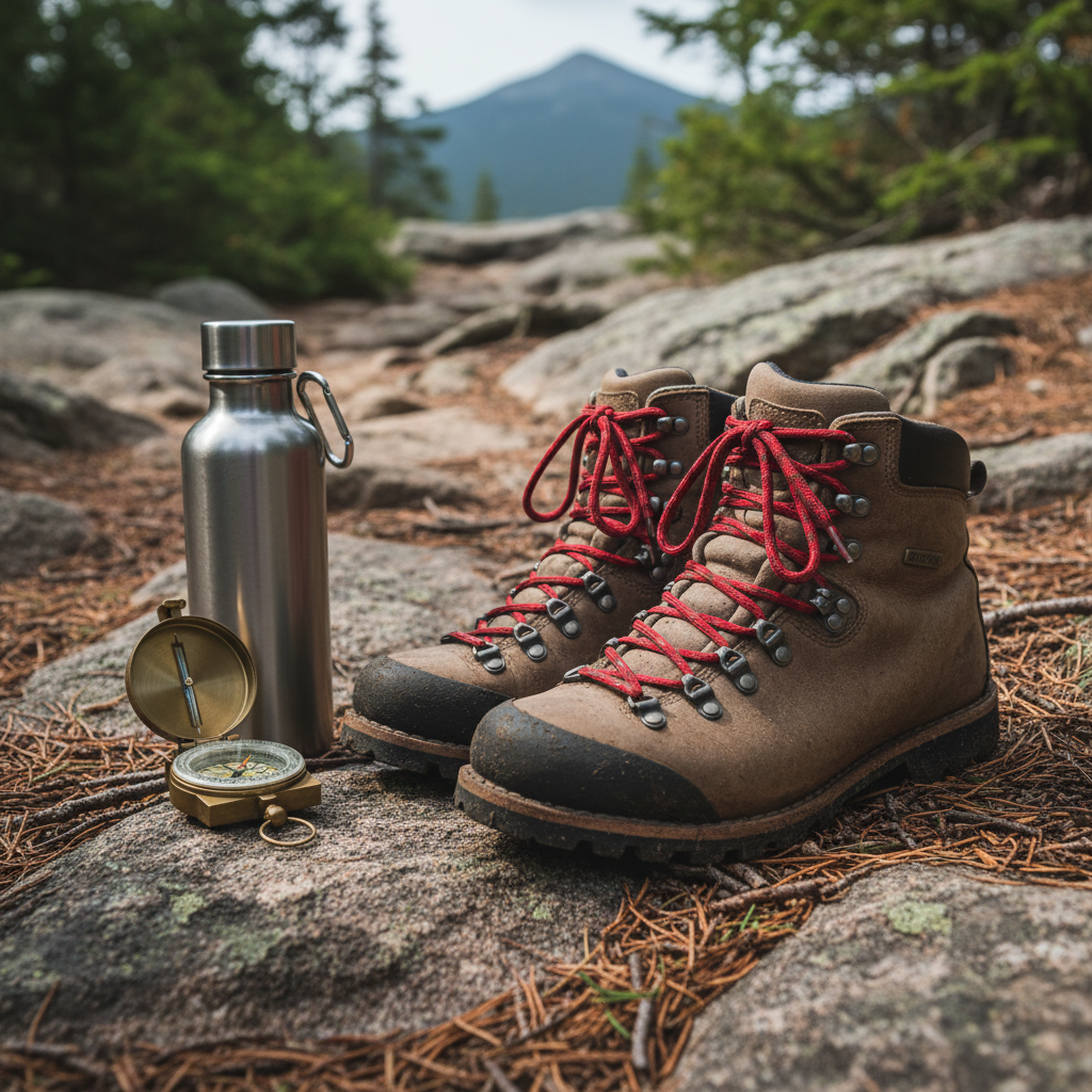 Hiking boots and compass on a White Mountains trail, part of White Mountains vacation planning gear list