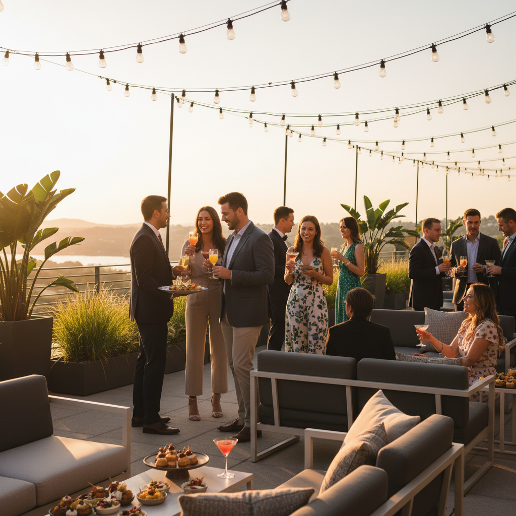Outdoor cocktail hour on a modern patio at dusk with string lights and passed hors d'oeuvres, demonstrating buffer time in a wedding reception timeline