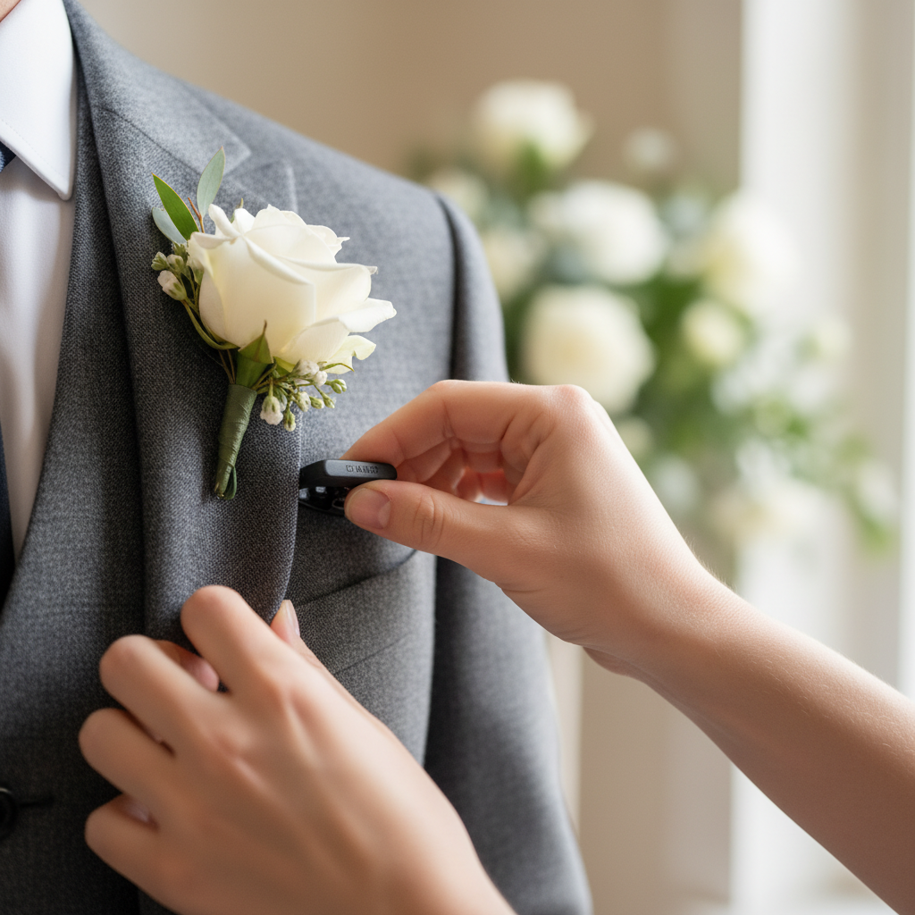 Coordinator adjusting groom's lapel microphone before the first dance at Mississauga Convention Centre, illustrating AV timing in a wedding reception timeline template