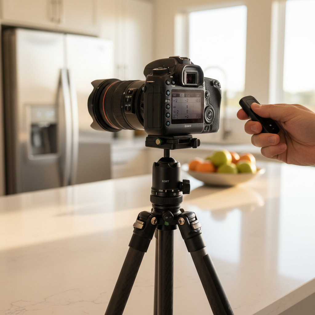 HDR real estate photography close-up: DSLR on tripod bracketing exposures in a bright kitchen in Maple Ridge
