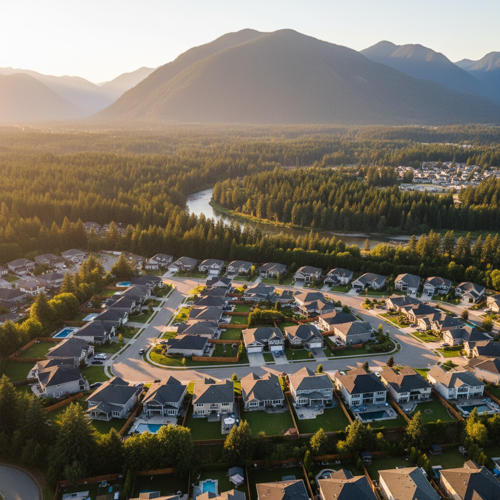 Drone real estate photography over a suburban Maple Ridge neighborhood during golden hour, showcasing lot size and mountain backdrop