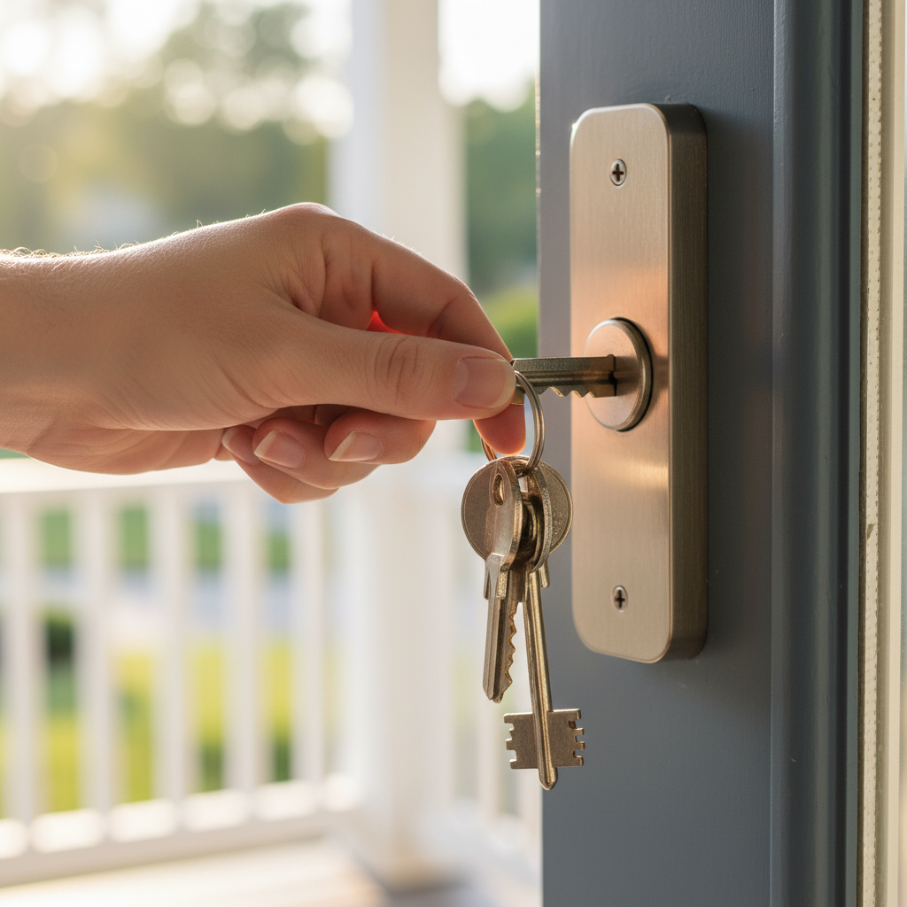 Close-up of keys in a front door lock before a home showing, illustrating a property viewing scheduler workflow