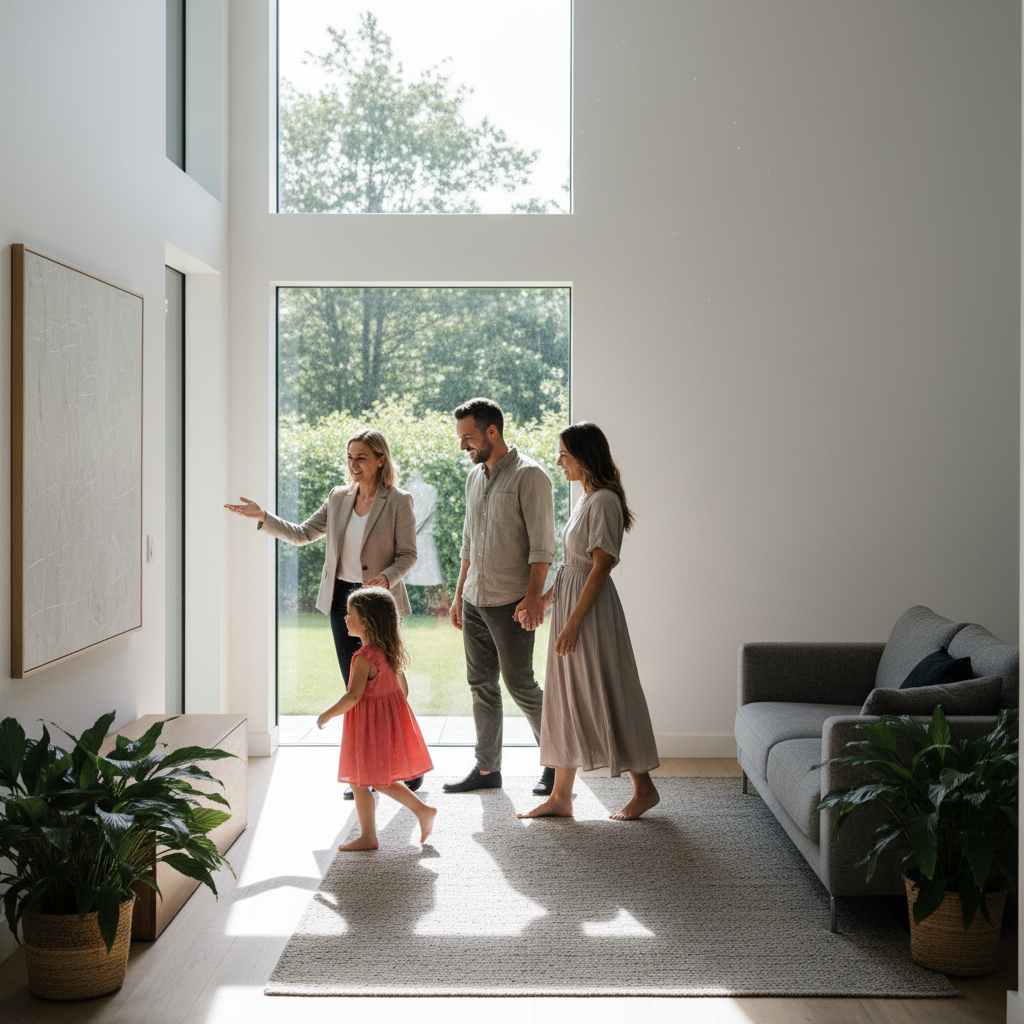 Family touring a bright living room with a host, representing scheduled property viewings on Houseup