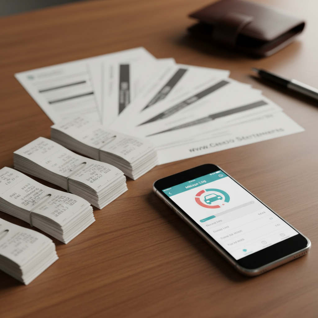 Organized receipts and mileage log for business tax deductions