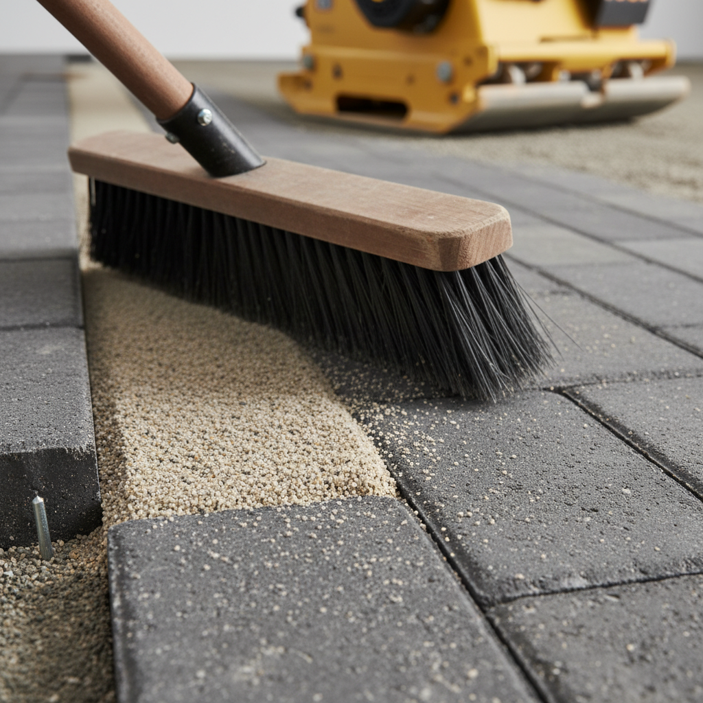 Close-up of polymeric sand swept into interlocking paver joints during hardscape maintenance