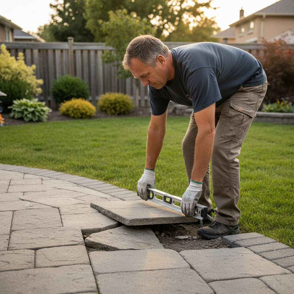 Technician inspecting a Mississauga stone walkway for heaving and settling during seasonal hardscape maintenance