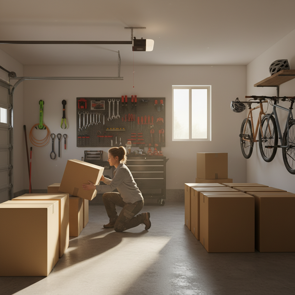Ontario home selling checklist in action: organizing moving boxes and clearing a garage before closing day