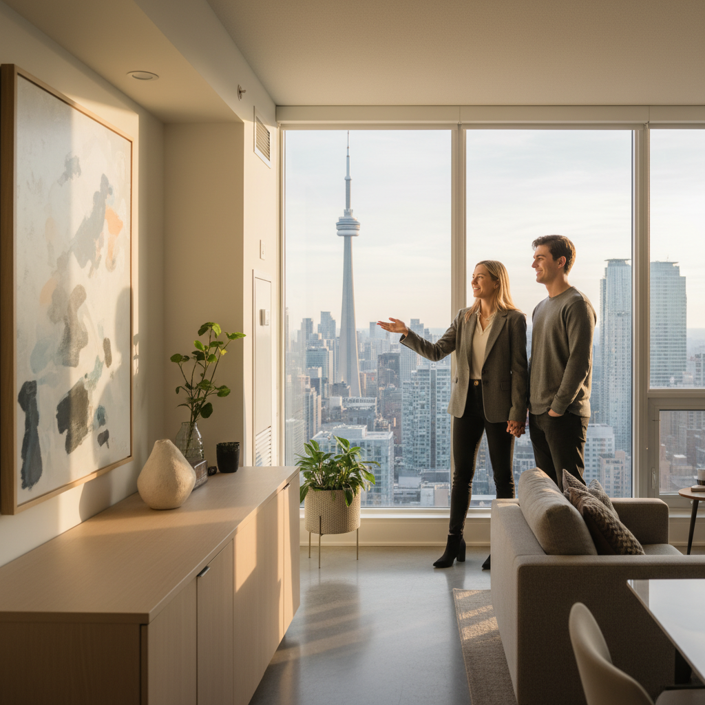 Toronto condo showing with realtor guiding buyers, illustrating the process of selling a house in Toronto from tour to offer