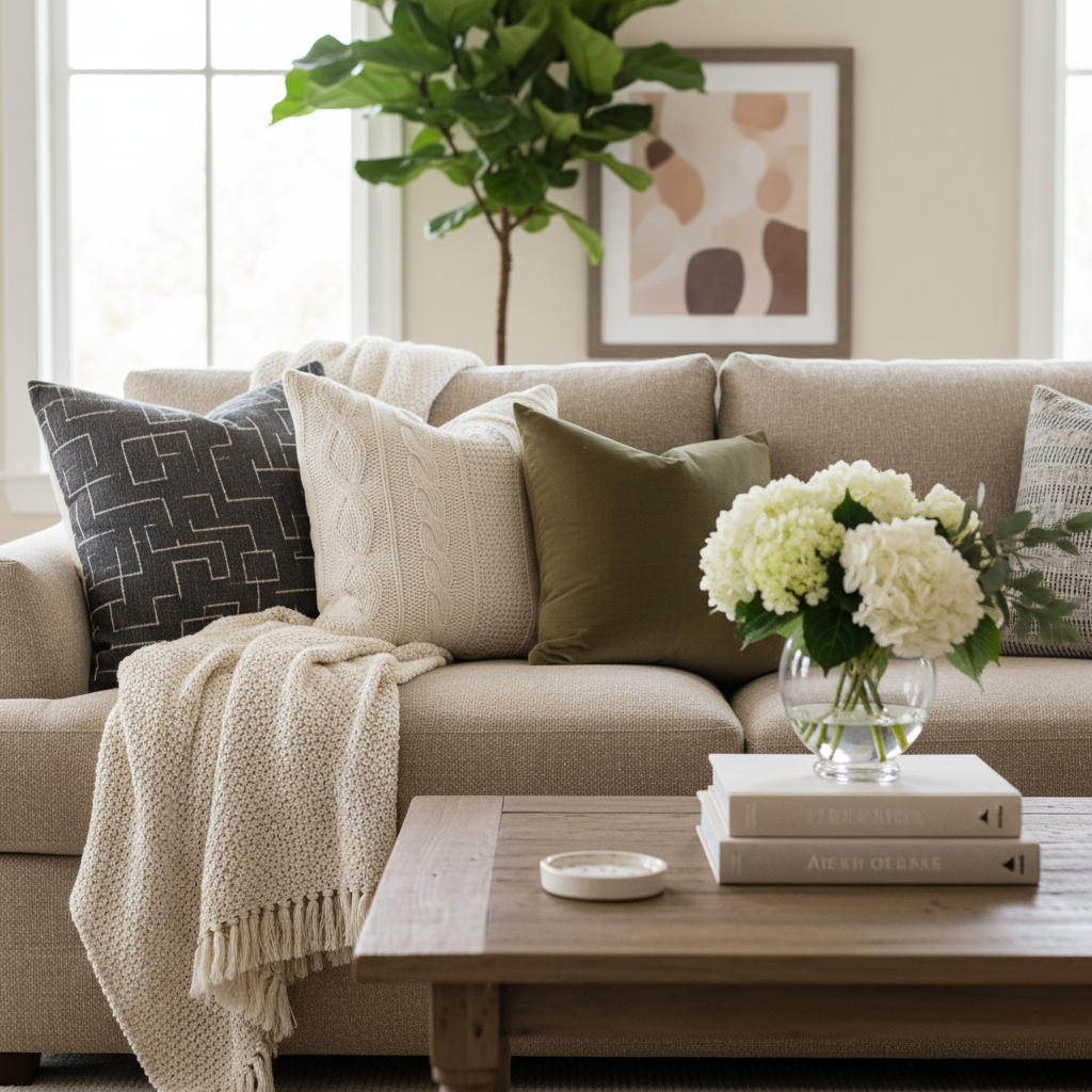 Staged Toronto living room optimized for selling a house in Toronto with neutral colors, textures, and bright natural light