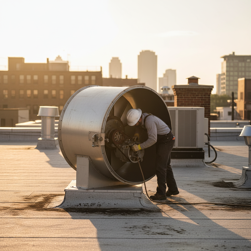 Rooftop upblast exhaust fan open on hinge kit during NFPA 96 maintenance in Ontario