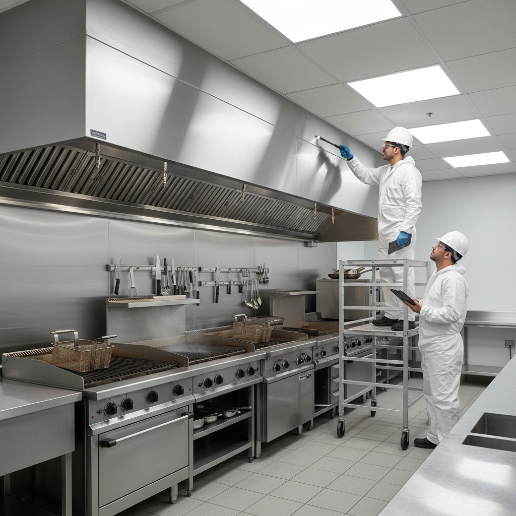 Wide view of commercial kitchen hood and exhaust system inspected by technicians for NFPA 96 compliance