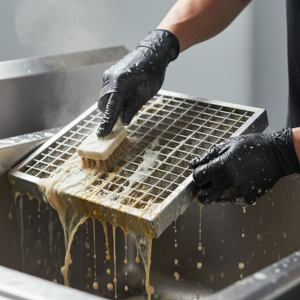 Close-up of baffle hood filters being degreased with hot water as part of NFPA 96 kitchen exhaust cleaning