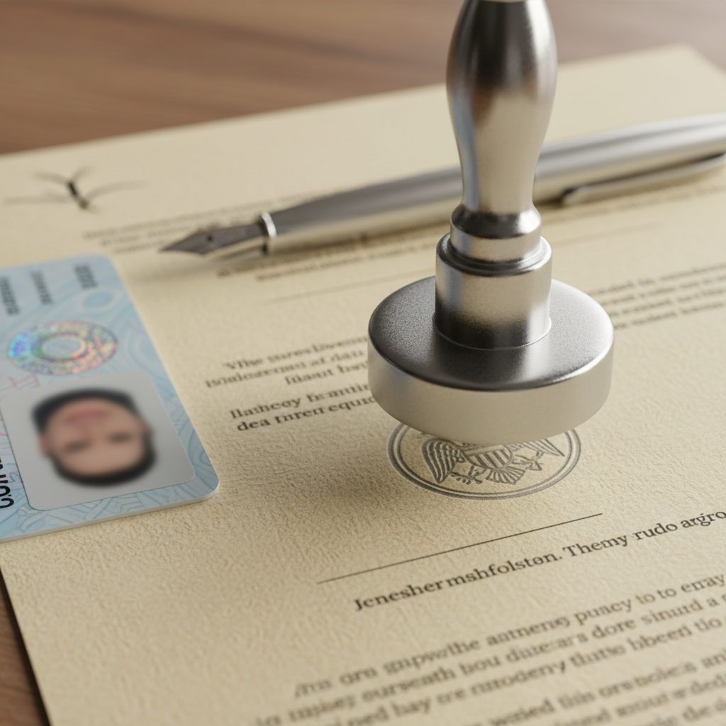 Close-up of a notary seal pressing onto a document next to photo ID and pen, illustrating Ontario notary process and certified true copies