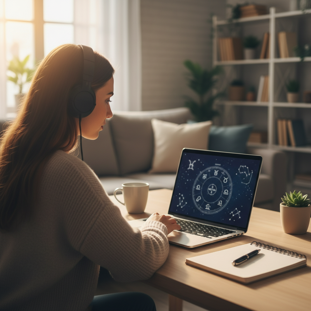 Private online astrology session at home with secure habits like headphones and a quiet room