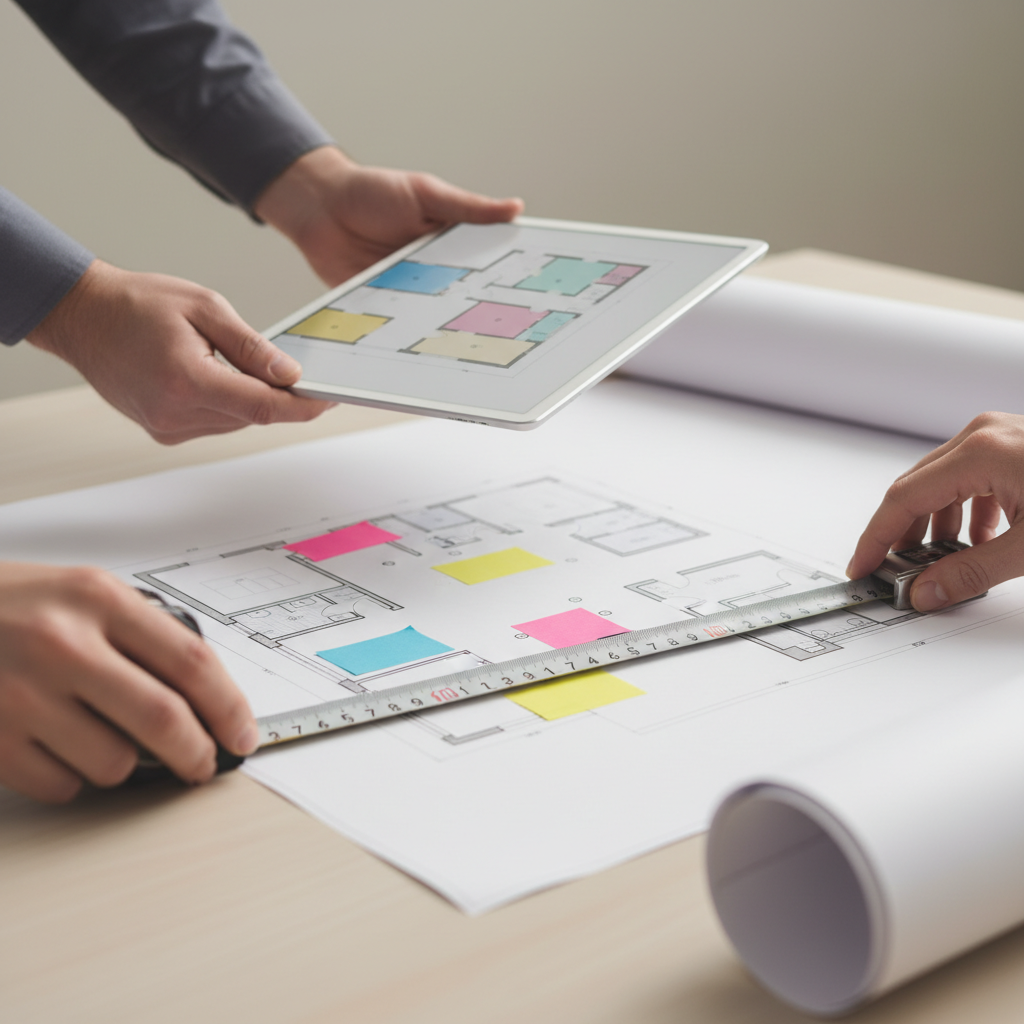 Close-up of a seller pricing strategy checklist in action on a tablet with floor plan and measuring tape