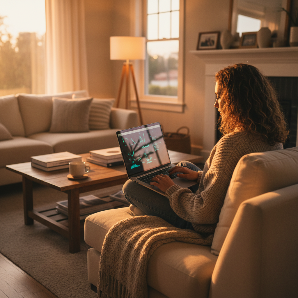 Lifestyle scene of a person researching home loans on a laptop in a living room, representing a digital home loan application with broker support