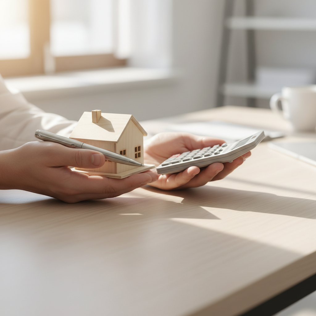 Close-up of hands with small house model, pen, and calculator illustrating a home mortgage consultant assessing borrowing power and loan features