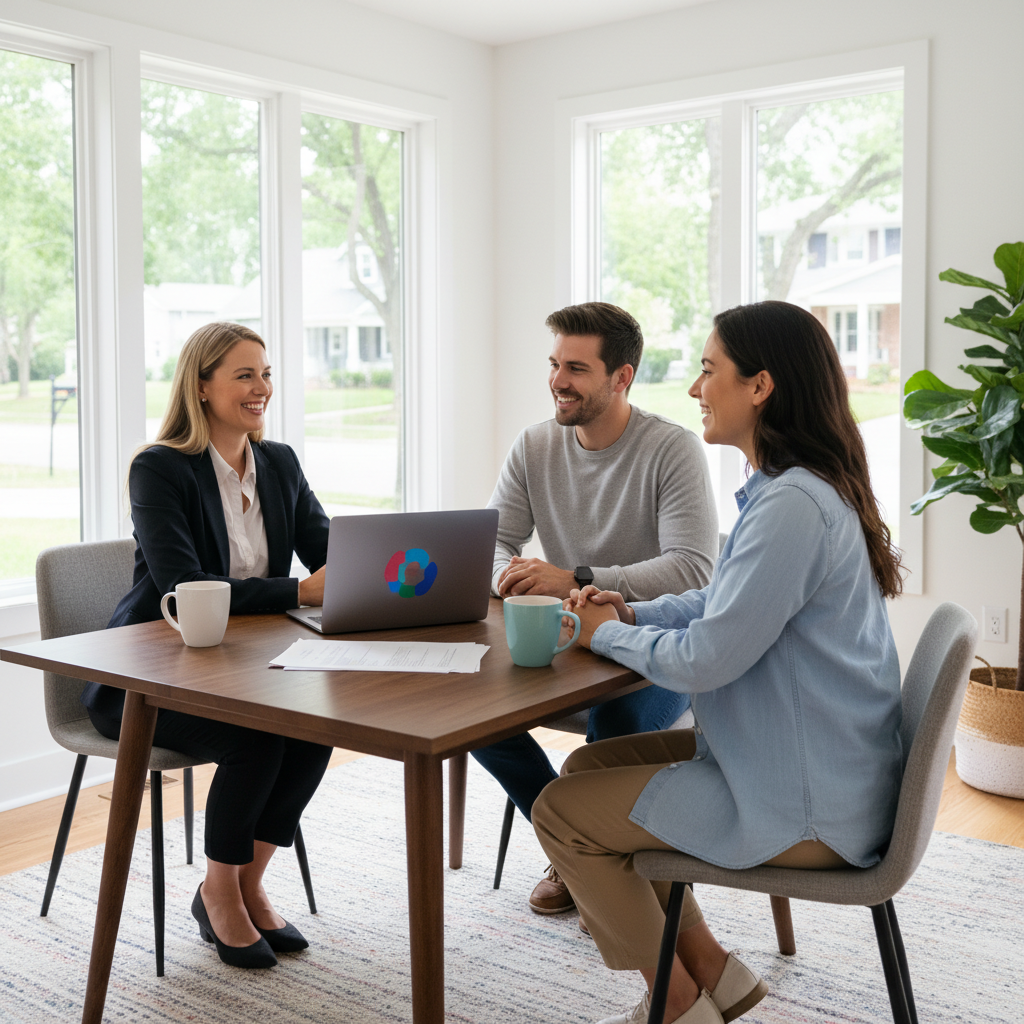 Wide shot of a home mortgage consultant meeting a couple, illustrating broker-led home loan comparisons and application support