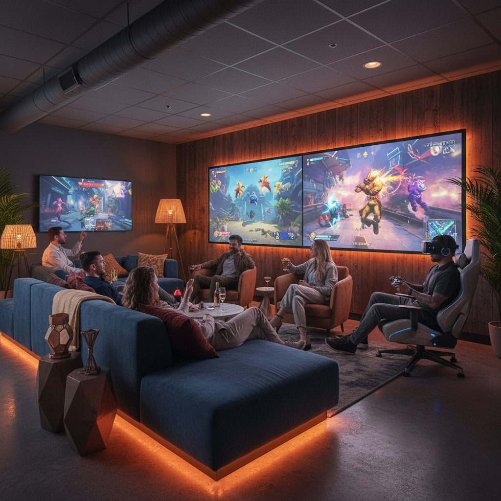 Party lounge at The Next Level VR escape rooms in London Ontario with large screens for spectators