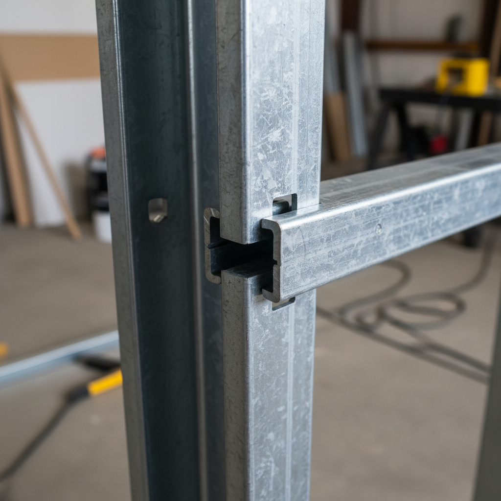 Close-up of a galvanized channel stud fitting into a shaftwall H-stud jamb, showing precise cold-formed geometry for steel framing
