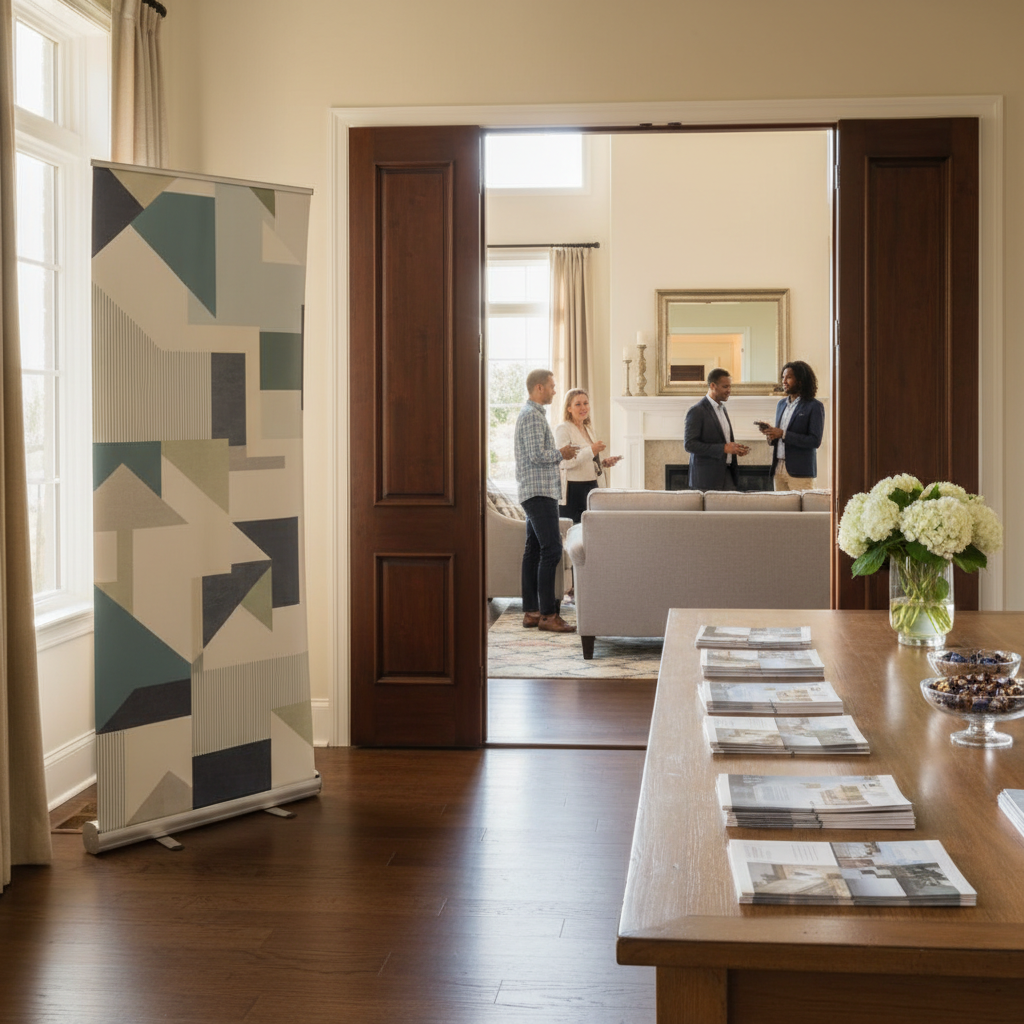 Real estate open house entry scene with a roll-up banner near the doorway and brochures on a welcome table to guide visitors