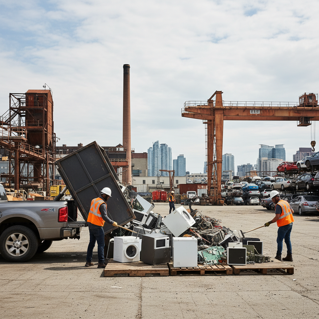 Urban scrap yard drop-off scene with appliances and e-waste being unloaded in Toronto-area setting