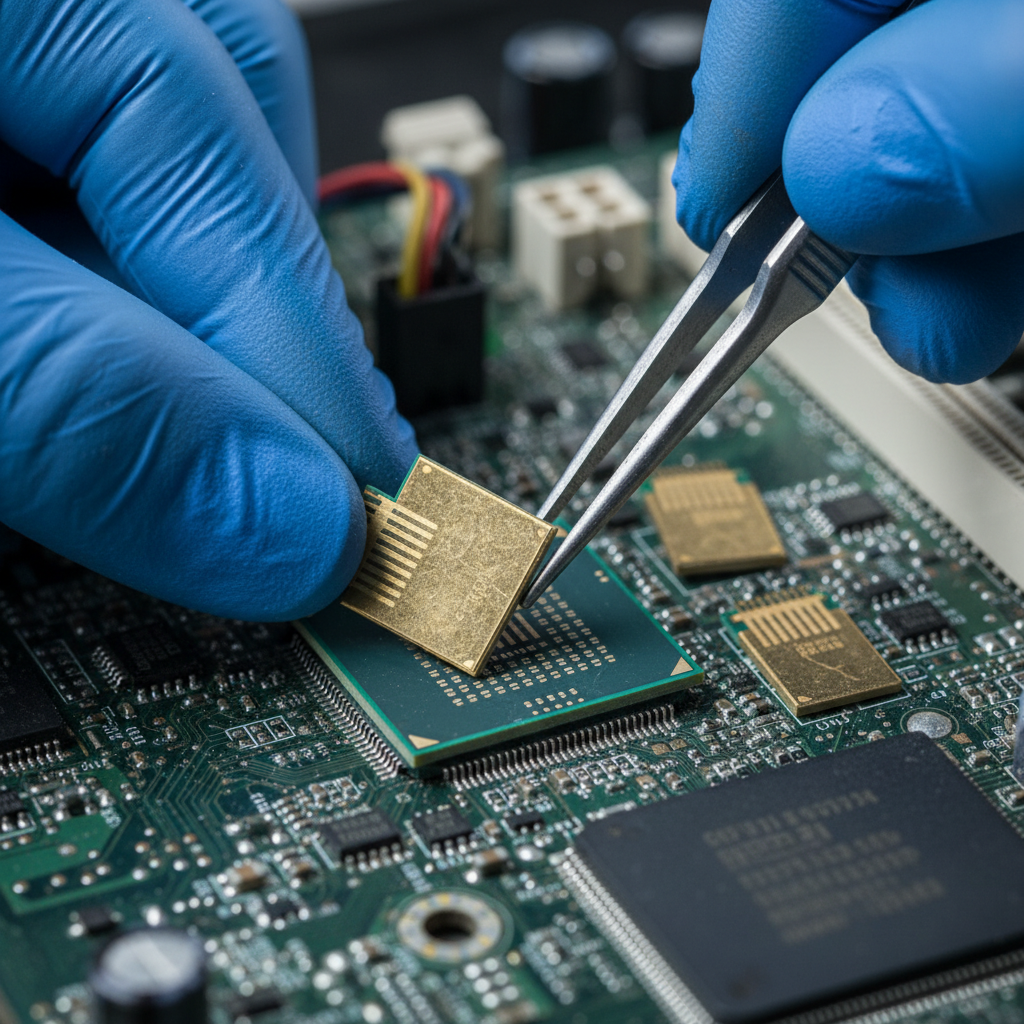 Close-up of gloved hands removing a gold-plated CPU and connectors from a motherboard for gold recycling