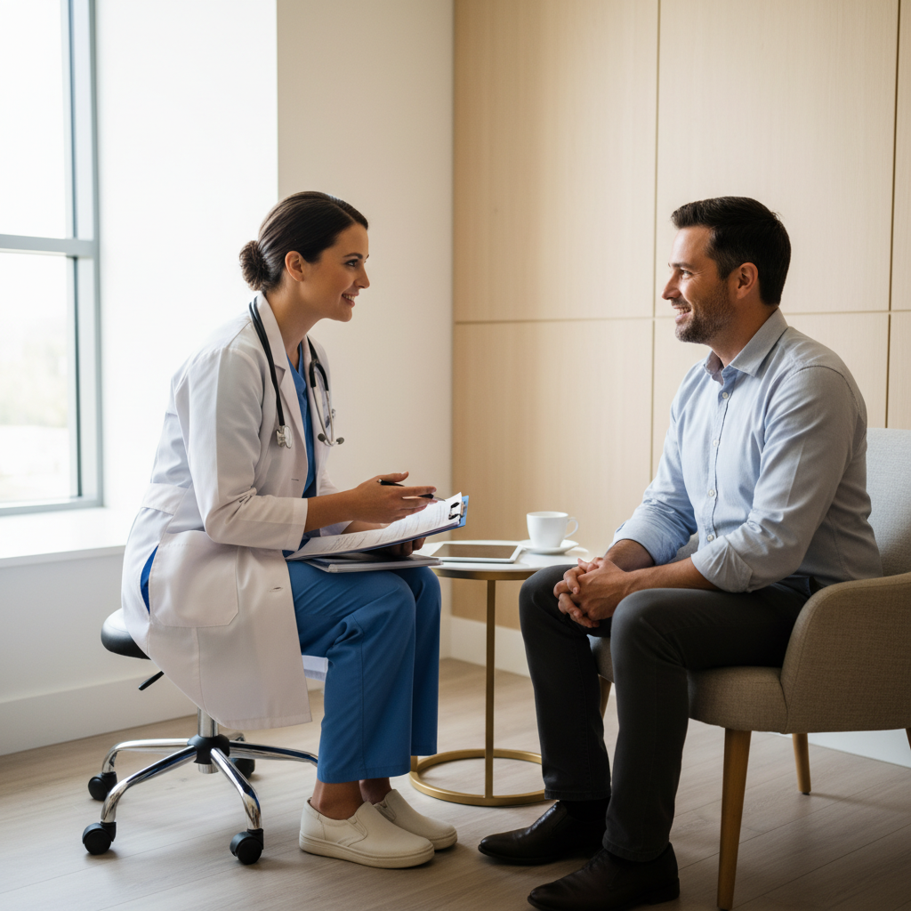 Nurse consulting with a patient in a private outpatient clinic room as part of hybrid online Suboxone care in Ontario