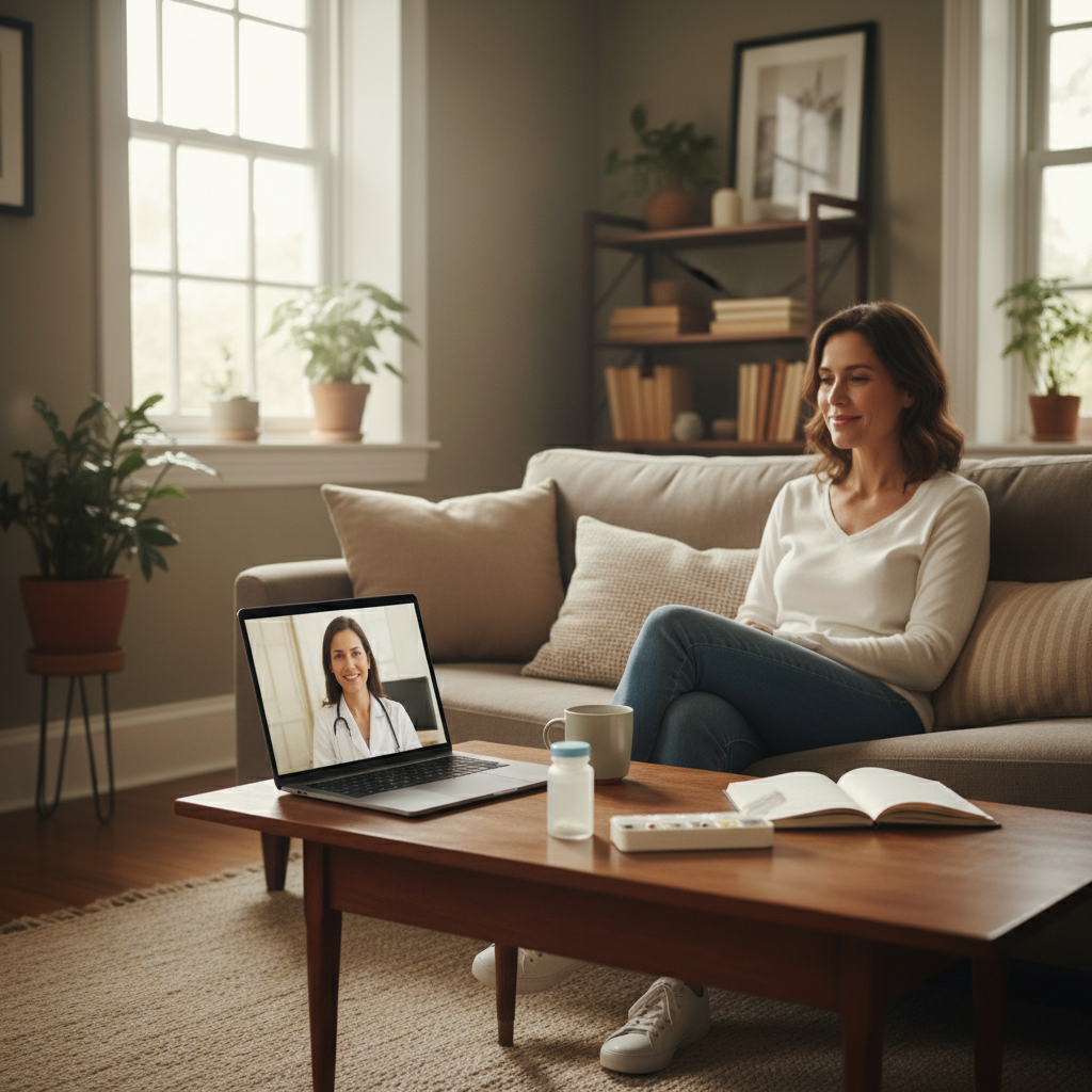 Person meeting a clinician by secure video call at home as part of an online Suboxone program