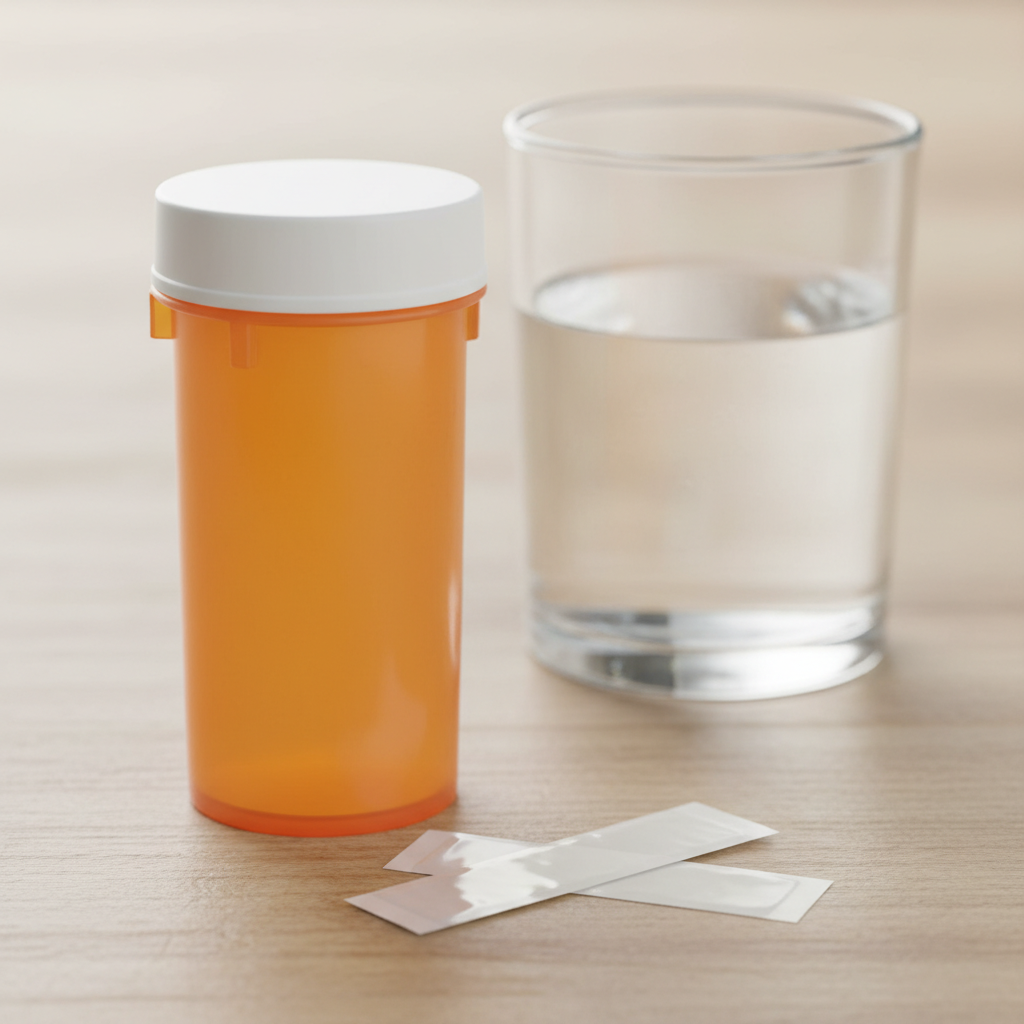 Close-up of unbranded buprenorphine film strips and prescription bottle used in an online Suboxone program