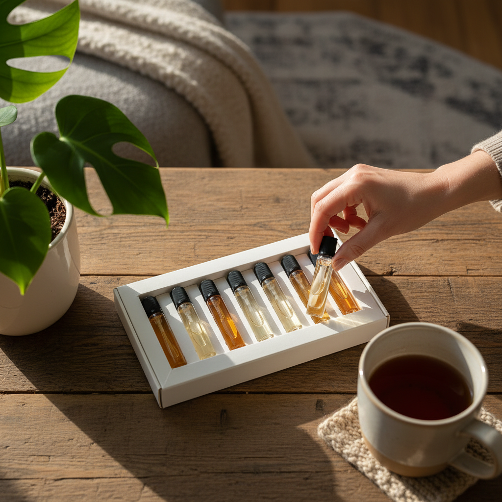 Top-down scene of an at-home discovery set unboxing with neatly arranged sample vials—ideal for testing picks from a find your scent tool