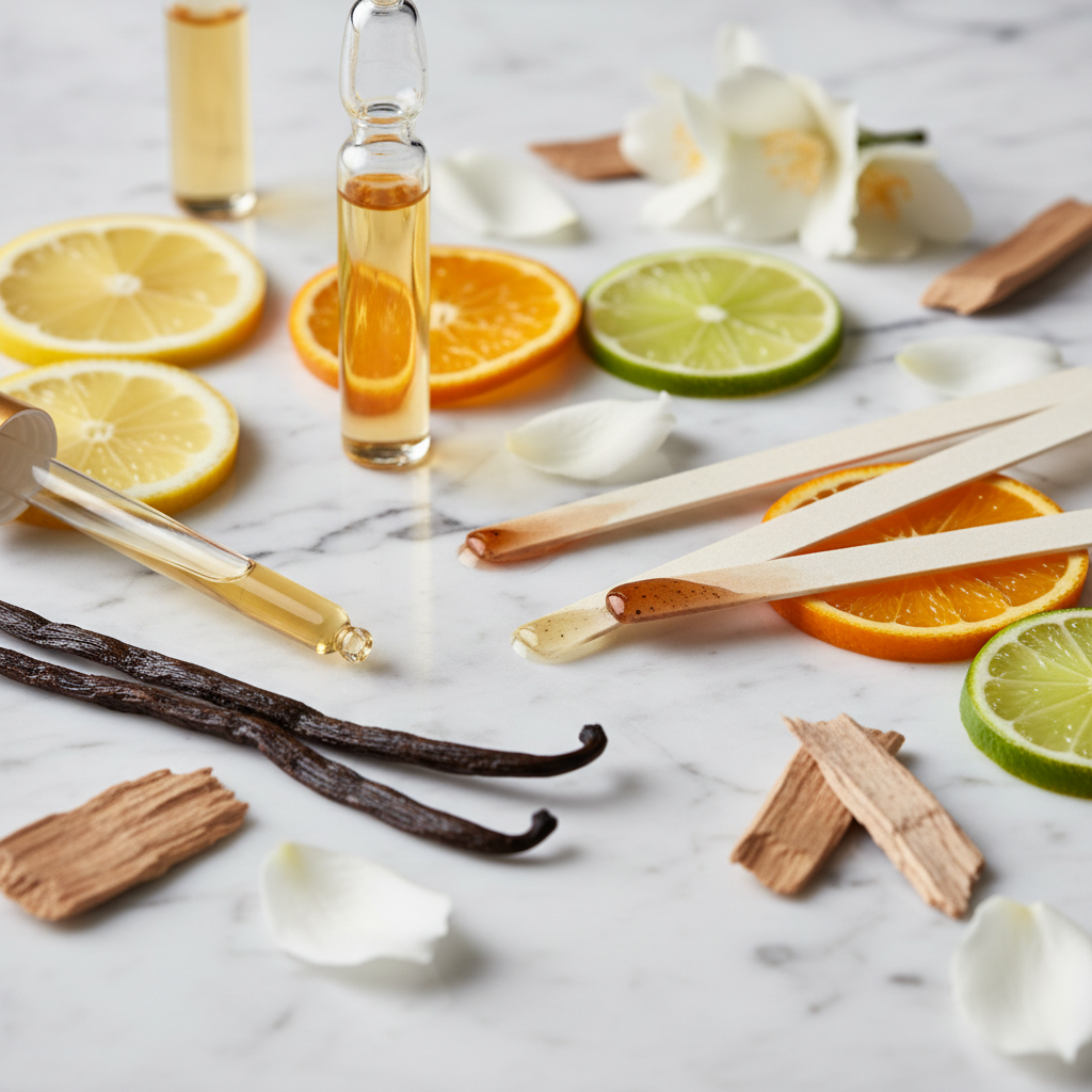 Close-up of discovery set details with glass vials, blotter strips, citrus, jasmine, cedar, and vanilla—ideal for a find your scent tool workflow